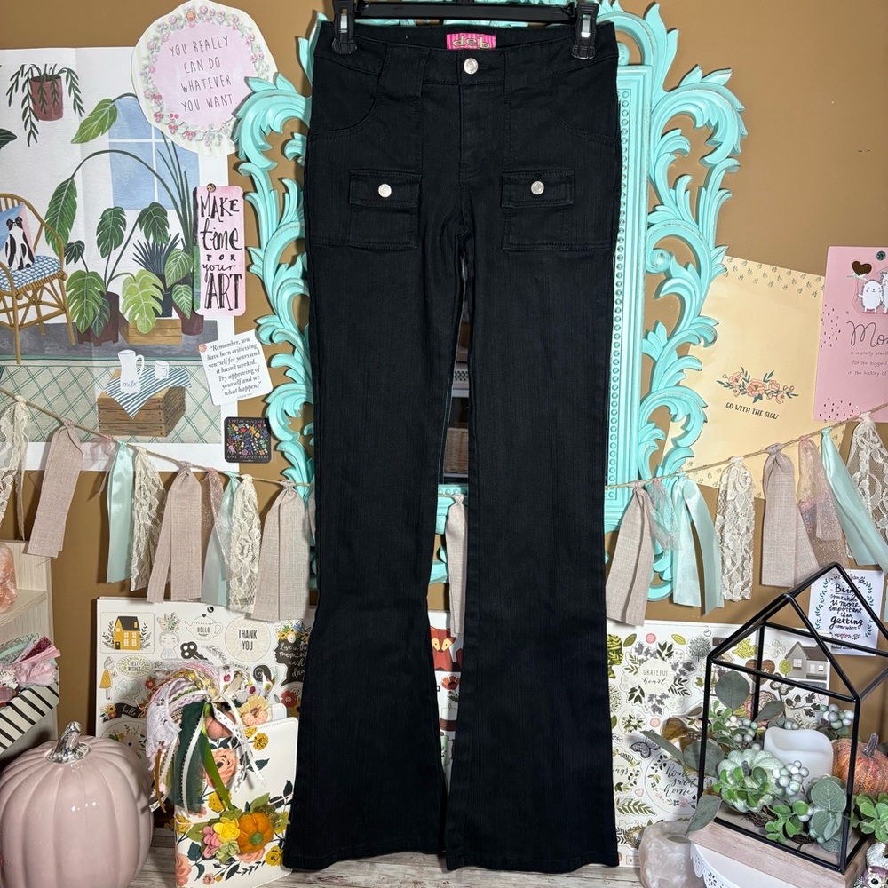 Deb Dark Black Denim Flared Leg Low Rise Jeans Junior’s Size 1 Y2K 90s 6-Pocket